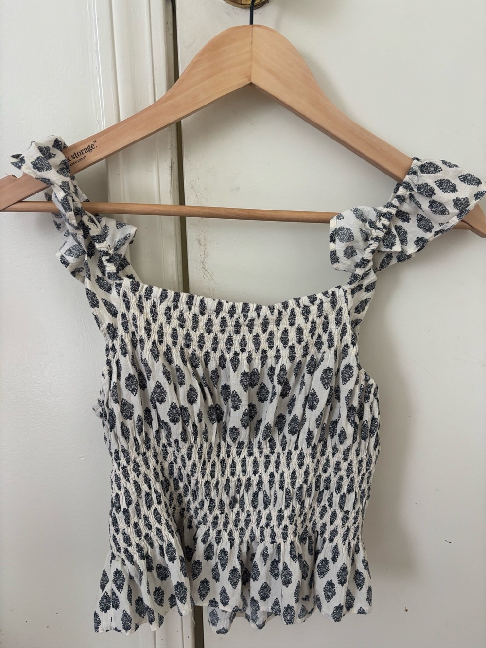 H&M White Smocked Cami with Black Leaf Print